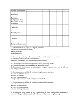 as peças do Tangram
Quadrado
Retângulo
(a figura não deve
ter a forma de um
quadrado)
Triângulo
Paralelogramo
Trapézio
Polígono não-convexo
3- Utilizando todas as peças do Tangram, construa:
a) um trapézio não-paralelogramo;
b) um pentágono;
c) um hexágono;
4- Com as peças deste jogo podemos construir de modo diferente, nove quadrados.
a) construa-os e anote cada modo de construção;
b)Quantos quadrados de diferente medida é possível construir?
5- O número possível de triângulos possíveis é maior que o de quadrados.
a) Quantos triângulos de diferentes áreas são possíveis construir?
b) Considerando como unidade de medida a peça triangular pequena, qual a área de cada um
dos triângulos obtidos?
6- Considerando como unidade de medida o triângulo menor, determine:
a) a área do Triângulo médio;
b) a área do quadrado;
c) a área do paralelogramo;
d) o que se pode concluir diante das figuras construídas?
7- Considerando como unidade de medida o triângulo médio, determine:
a) a área do quadrado;
b) a área do paralelogramo;
c) a área do triângulo grande;
d) a área do triângulo pequeno.
8- Considerando como unidade de área o quadradinho da malha quadriculada, usada para se
construir o Tangram, determine a área de cada uma das figuras que compõem o jogo.
 