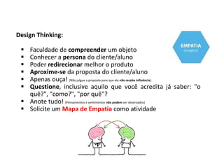 Design Thinking:
 Faculdade de compreender um objeto
 Conhecer a persona do cliente/aluno
 Poder redirecionar melhor o produto
 Aproxime-se da proposta do cliente/aluno
 Apenas ouça! (Não julgue a proposta para que ele não receba influência).
 Questione, inclusive aquilo que você acredita já saber: "o
quê?", "como?", "por quê"?
 Anote tudo! (Pensamentos e sentimentos não podem ser observados)
 Solicite um Mapa de Empatia como atividade
 