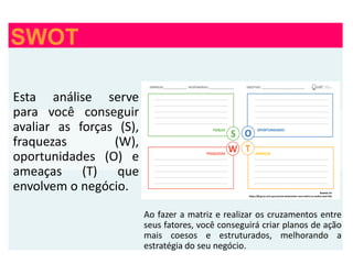 SWOT
Esta análise serve
para você conseguir
avaliar as forças (S),
fraquezas (W),
oportunidades (O) e
ameaças (T) que
envolvem o negócio.
Ao fazer a matriz e realizar os cruzamentos entre
seus fatores, você conseguirá criar planos de ação
mais coesos e estruturados, melhorando a
estratégia do seu negócio.
 