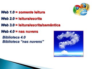 Web 1.0 = somente leitura
Web 2.0 = leitura/escrita
Web 3.0 = leitura/escrita/semântica
Web 4.0 = nas nuvens
Biblioteca 4.0
Biblioteca “nas nuvens”
 