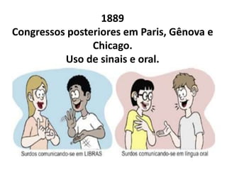 1889
Congressos posteriores em Paris, Gênova e
                Chicago.
          Uso de sinais e oral.
 