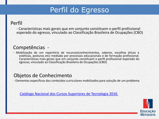 Competências -
- Mobilização de um repertório de recursos(conhecimentos, saberes, escolhas éticas e
estéticas, posturas etc) mediada por processos educacionais e de formação profissional.
Características mais gerais que em conjunto constituem o perfil profissional esperado do
egresso, vinculado ao Classificação Brasileira de Ocupações (CBO)
Perfil do Egresso
Objetos de Conhecimento
- Elementos específicos dos conteúdos curriculares mobilizados para solução de um problema
Perfil
- Características mais gerais que em conjunto constituem o perfil profissional
esperado do egresso, vinculado ao Classificação Brasileira de Ocupações (CBO)
Catálogo Nacional dos Cursos Superiores de Tecnologia 2016
 