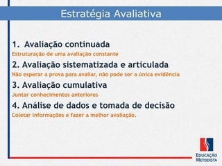 1. Avaliação continuada
Estruturação de uma avaliação constante
2. Avaliação sistematizada e articulada
Não esperar a prova para avaliar, não pode ser a única evidência
3. Avaliação cumulativa
Juntar conhecimentos anteriores
4. Análise de dados e tomada de decisão
Coletar informações e fazer a melhor avaliação.
Estratégia Avaliativa
 