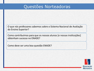 O que nós professores sabemos sobre o Sistema Nacional de Avaliação
do Ensino Superior?
Como contribuímos para que os nossos alunos [e nossas instituições]
obtenham sucesso no ENADE?
Como deve ser uma boa questão ENADE?
Questões Norteadoras
 