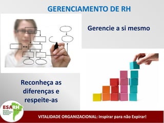 GERENCIAMENTO DE RH

                             Gerencie a si mesmo




Reconheça as
 diferenças e
 respeite-as

     VITALIDADE ORGANIZACIONAL: Inspirar para não Expirar!
 