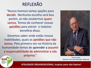 REFLEXÃO
   “Nunca tivemos tantas opções para
   decidir. Nenhuma escolha será boa
     porém, se não soubermos quem
    somos. Temos de conhecer nossas
     aptidões para extrair o máximo
             benefício disso.
    Devemos saber onde estão nossas
 inabilidades, quais as aptidões que não
 temos. Pela primeira vez na História da
humanidade temos de aprender a assumir
 a responsabilidade de administrar a nós
                próprios.”
                                                                 Peter Drucker
                                                 (Filósofo, Pai da Administração Moderna)


             VITALIDADE ORGANIZACIONAL: Inspirar para não Expirar!
 