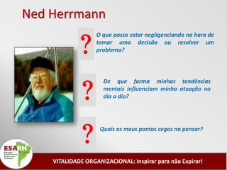 Ned Herrmann

             ?
                   O que posso estar negligenciando na hora de
                   tomar uma decisão ou resolver um
                   problema?




              ?
                     De que forma minhas tendências
                     mentais influenciam minha atuação no
                     dia a dia?




              ?     Quais os meus pontos cegos no pensar?




    VITALIDADE ORGANIZACIONAL: Inspirar para não Expirar!
 