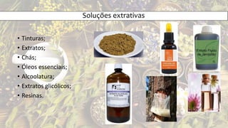 • Tinturas;
• Extratos;
• Chás;
• Óleos essenciais;
• Alcoolatura;
• Extratos glicólicos;
• Resinas.
Soluções extrativas
 