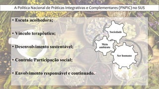 A Política Nacional de Práticas Integrativas e Complementares (PNPIC) no SUS
• Escuta acolhedora;
• Vínculo terapêutico;
• Desenvolvimento sustentável;
• Controle/Participação social;
• Envolvimento responsável e continuado.
Ser humano
Meio
ambiente
Sociedade
 
