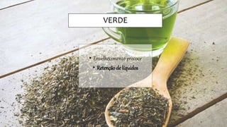 VERDE
• Envelhecimento precoce
• Retenção de líquidos
 