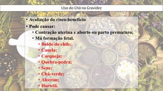 Uso do Chá na Gravidez
• Avaliação do risco-benefício
• Pode causar:
• Contração uterina e aborto ou parto prematuro;
• Má formação fetal.
• Boldo do chile;
• Canela;
• Carqueja;
• Quebra-pedra;
• Sene;
• Chá-verde;
• Alecrim;
• Hortelã.
 