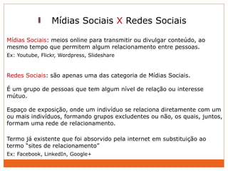 Mídias Sociais no Brasil

Faceb      42 milhões     de usuários;

Youtu   quase    90% dos internautas brasileiros consome...