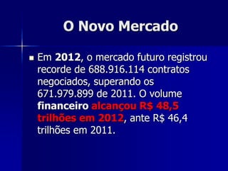 O Novo Mercado
 Em 2012, o mercado futuro registrou
recorde de 688.916.114 contratos
negociados, superando os
671.979.899 de 2011. O volume
financeiro alcançou R$ 48,5
trilhões em 2012, ante R$ 46,4
trilhões em 2011.
 