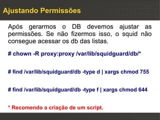 Ajustando Permissões

 Após gerarmos o DB devemos ajustar as
 permissões. Se não fizermos isso, o squid não
 consegue acessar os db das listas.
 # chown -R proxy:proxy /var/lib/squidguard/db/*


 # find /var/lib/squidguard/db -type d | xargs chmod 755


 # find /var/lib/squidguard/db -type f | xargs chmod 644


 * Recomendo a criação de um script.
 