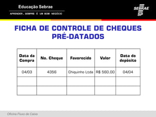 ,




     FICHA DE CONTROLE DE CHEQUES
              PRÉ-DATADOS
                É

        Data da                                                  Data do
                         No. Cheque   Favorecido      Valor
        Compra                                                   depósito

          04/03            4356       Chiquinho Ltda R$ 560,00    04/04




Oficina Fluxo de Caixa
 