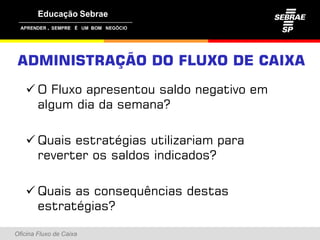 ,




ADMINISTRAÇÃO DO FLUXO DE CAIXA
          Ç
    O Fluxo apresentou saldo negativo em
     algum dia da semana?

    Q i estratégias utilizariam para
     Quais t té i        tili  i
     reverter os saldos indicados?

    Quais as consequências destas
     estratégias?

Oficina Fluxo de Caixa
 