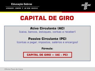 ,




                  CAPITAL DE GIRO
                           Ativo Circulante (AC)
                 (caixa, bancos, estoques, contas a receber)

                         Passivo Circulante (PC)
               (contas a pagar, impostos, salários e encargos)

                                  Fórmula:

                         CAPITAL DE GIRO = (AC – PC)




Oficina Fluxo de Caixa
 