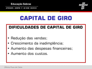 ,




                   CAPITAL DE GIRO
     DIFICULDADES DE CAPITAL DE GIRO

   •    Redução das vendas;
            ç              ;
   •    Crescimento da inadimplência;
   •    Aumento das despesas financeiras;
   •    Aumento dos custos.


Oficina Fluxo de Caixa
 