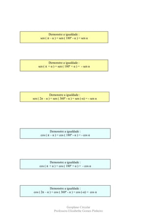 Demonstre a igualdade :
      sen ( π – α ) = sen ( 180º - α ) = sen α




            Demonstre a igualdade :
    sen ( π + α ) = sen ( 180º + α ) = - sen α




              Demonstre a igualdade :
sen ( 2π – α ) = sen ( 360º - α ) = sen (-α) = - sen α




              Demonstre a igualdade :
      cos ( π – α ) = cos ( 180º - α ) = - cos α




             Demonstre a igualdade :
     cos ( π + α ) = cos ( 180º + α ) = - cos α




             Demonstre a igualdade :
cos ( 2π – α ) = cos ( 360º - α ) = cos (-α) = cos α



                            Geoplano Circular
                  Professora Elizabethe Gomes Pinheiro
 
