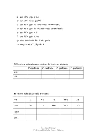a) cos 60º é igual a 0,5
      b) sen 60º é maior que 0,5
      c) cos 30º é igual ao seno de seu complemento
      d) sen 30º é igual ao cosseno de seu complemento
      e) sen 90º é igual a 1
      f) cos 90º é igual a zero
      g) seno e cosseno de 45º são iguais
      h) tangente de 45º é igual a 1




7) Complete as tabelas com os sinais do seno e do cosseno:
                  1º quadrante     2º quadrante       3º quadrante     4º quadrante
sen x
cos x




8) Valores notáveis do seno e cosseno:

rad                 0             π/2             π             3π/2         2π

Grau                0º            90º          180º             270º        360º

sen x

cos x



                                   Geoplano Circular
                         Professora Elizabethe Gomes Pinheiro
 