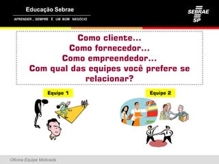 ,




                   Como cliente...
                 Como fornecedor
                       fornecedor...
               Como empreendedor...
         Com qual das equipes você prefere se
                     relacionar?
                  Equipe 1          Equipe 2




Oficina Equipe Motivada
 