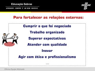 ,




          Para fortalecer as relações externas:

                     Cumprir o que foi negociado
                           Trabalho organizado
                          Superar expectativas
                          Atender com qualidade
                                 Inovar
                Agir com ética e profissionalismo
                                   ...
Oficina Equipe Motivada
 