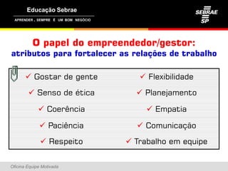 ,




          O papel do empreendedor/gestor:
atributos para fortalecer as relações de trabalho

        Gostar de gente         Flexibilidade

         Senso de ética        Planejamento

                Coerência         Empatia

                Paciência      Comunicação

                Respeito     Trabalho em equipe


Oficina Equipe Motivada
 