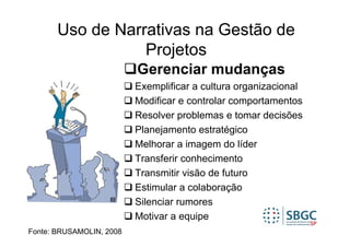Uso de Narrativas na Gestão de
                  Projetos
                          Gerenciar mudanças
                          Exemplificar a cultura organizacional
                          Modificar e controlar comportamentos
                          Resolver problemas e tomar decisões
                          Planejamento estratégico
                          Melhorar a imagem do líder
                          Transferir conhecimento
                          Transmitir visão de futuro
                          Estimular a colaboração
                          Silenciar rumores
                          Motivar a equipe
Fonte: BRUSAMOLIN, 2008
 
