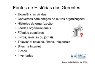 Fontes de Histórias dos Gerentes
•   Experiências vividas
•   Conversas com amigos de outras organizações
•   Histórias da organização
•   Lendas organizacionais
•   Fábulas populares
•   Livros, revistas ou jornais
•   Televisão: novelas, filmes, telejornais
•   Sites na Internet
•   E-mail
•   Inventadas

                                Fonte: BRUSAMOLIN, 2008
 