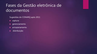 Fases da Gestão eletrônica de
documentos
Sugestões do CONARQ após 2011
 captura
 gerenciamento
 armazenamento
 distribuição
 