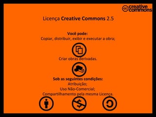 Você pode:  Copiar, distribuir, exibir e executar a obra; Criar obras derivadas. Sob as seguintes condições: Atribuição;  Uso Não-Comercial;  Compartilhamento pela mesma Licença. Licença  Creative Commons   2.5 