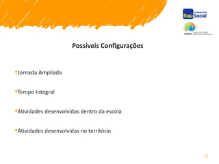 Possíveis Configurações
Jornada Ampliada
Tempo Integral
Atividades desenvolvidas dentro da escola
Atividades desenvolvidas no território
12
 