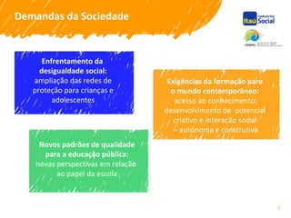 Demandas da Sociedade
2
Enfrentamento da
desigualdade social:
ampliação das redes de
proteção para crianças e
adolescentes
Exigências da formação para
o mundo contemporâneo:
acesso ao conhecimento;
desenvolvimento de potencial
criativo e interação social
– autônoma e construtiva
Novos padrões de qualidade
para a educação pública:
novas perspectivas em relação
ao papel da escola
 