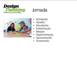 Jornada 
•Introdução 
•Desafios 
•Descoberta 
•Interpretação 
•Ideação 
•Experimentação 
•Apresentações 
•Fechamento  
