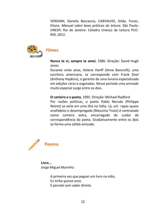 12
VERSIANI, Daniela Beccaccia, CARVALHO, Gilda, Yunes,
Eliana. Manual sobre boas práticas de leitura. São Paulo:
UNESP; Rio de Janeiro: Cátedra Unesco de Leitura PUC-
RIO, 2012.
Filmes
Nunca te vi, sempre te amei, 1986. Direção: David Hugh
Jones
Durante vinte anos, Helene Hanff (Anne Bancroft), uma
escritora americana, se corresponde com Frank Doel
(Anthony Hopkins), o gerente de uma livraria especializada
em edições raras e esgotadas. Nesse período uma amizade
muito especial surge entre os dois.
O carteiro e o poeta, 1995. Direção: Michael Radford
Por razões políticas, o poeta Pablo Neruda (Philippe
Noiret) se exila em uma ilha na Itália. Lá, um rapaz quase
analfabeto e desempregado (Massimo Troisi) é contratado
como carteiro extra, encarregado de cuidar da
correspondência do poeta. Gradativamente entre os dois
se forma uma sólida amizade.
Poema
Livro...
Jorge Miguel Marinho
A primeira vez que peguei um livro na mão,
Eu tinha quinze anos
E percebi sem saber direito
 
