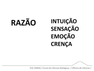 PUC MINAS / Curso de Ciências Biológicas / Oficina de Ciências I
RAZÃO INTUIÇÃO
SENSAÇÃO
EMOÇÃO
CRENÇA
 