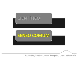 PUC MINAS / Curso de Ciências Biológicas / Oficina de Ciências I
CIENTÍFICO
SENSO COMUM
 