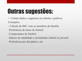 Outras sugestões:
• Coletar dados e organizar em tabelas e gráficos
Exemplos:
- Cálculo de IMC com os membros da família;
-Preferência de times de futebol;
-Campeonatos de futebol;
-Índices de natalidade e mortalidade infantil ou juvenil;
-Preferência por disciplina e etc
 