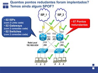 Quantos pontos redudantes foram implentados?
     Temos ainda algum SPOF?


• 02 ISPs
(com 2 Links cada)                     • 07 Pontos
• 02 Gateways                          redundantes
(com 2 conexões cada)
• 02 Switches
(com 2 conexões cada)
 