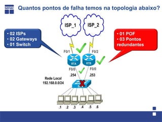 Quantos pontos de falha temos na topologia abaixo?



• 02 ISPs                             • 01 POF
• 02 Gateways                         • 03 Pontos
• 01 Switch                           redundantes
 