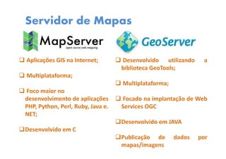 Servidor de Mapas
Aplicações GIS na Internet;
Multiplataforma;
Foco maior no
desenvolvimento de aplicações
PHP, Python, Perl, Ruby, Java e.
NET;
Desenvolvido em C
Desenvolvido utilizando a
biblioteca GeoTools;
Multiplataforma;
Focado na implantação de Web
Services OGC
Desenvolvido em JAVA
Publicação de dados por
mapas/imagens
 