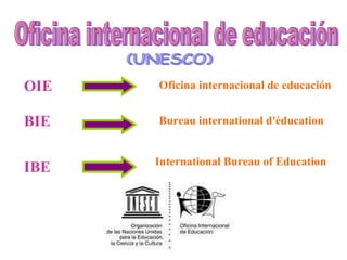 OIE BIE IBE Bureau international d'éducation  International Bureau of Education   Oficina internacional de educación (UNESCO) Oficina internacional de educación 