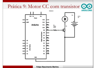 Transistor
• Um transistor pode ser entendido
como uma “válvula” eletrônica: é
capaz de acionar cargas de alta
corrente a partir de um sinal de
controle de baixa corrente.
• Quanto maior for a corrente no pino
de “base” (B), maior será a corrente
entre os pinos “coletor” (C) e “emissor”
(E).
• Por exemplo, se a corrente na base
variar de 0 a 0,01 A, a corrente de
coletor pode variar de 0 a 1A!
Felipe Nascimento Martins
 