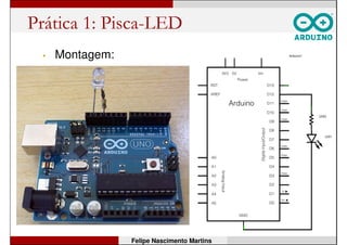 Arduino – Programa básico
Felipe Nascimento Martins
No Arduino Uno:
pinos digitais 0 a 13 (0 a 13);
pinos analógicos 0 a 5 (14 a 19).
 