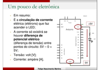 Um pouco de eletrônica
• Em resumo:
• É a circulação de corrente
elétrica (elétrons) que faz
acender o LED;
• Experimente retirar o fio
que liga o LED ao GND,
mantendo o pino 12 em 5V.
• O LED apaga pois a
corrente precisa circular
num circuito fechado!
Felipe Nascimento Martins
+5V
0V
 