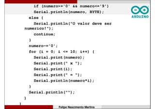 Prática 5: Comunicação bidirecional
• Outro exemplo de comunicação serial: desta vez
o Arduino vai receber um dado do computador,
processá-lo e retornar o resultado pela porta
serial.
• Vamos analisar o programa:
int i, numero;
void setup() {
Serial.begin(9600);
}
void loop() {
while (true) {
Serial.print("Entre com um numero: ");
while (Serial.available()==0);
numero = Serial.read();
Felipe Nascimento Martins
 