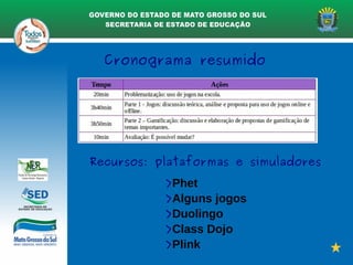 Cronograma resumido
>Phet
>Alguns jogos
>Duolingo
>Class Dojo
>Plink
Recursos: plataformas e simuladores
 