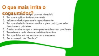 O que mais irrita o
consumidor?
1. Aguardar muito tempo pra ser atendido
2. Ter que explicar tudo novamente
3. Informar dados pessoais repetidamente
4. Ter que desistir de um canal e ir para outro, por não
funcionar o primeiro
5. Gastar muito tempo – dele- para resolver um problema
6. Transferência de chamadas/atendimentos
7. Ter que falar várias vezes com a empresa
8. Ser chamado de “Senhor”
 