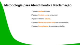 Metodologia para Atendimento a Reclamação
1º passo: Análise do caso;
2º passo: Contato com o consumidor;
3º passo: Tratativa interna;
4º passo: Mediação/contato final com o consumidor;
5º passo: Formalização da resposta no site RA.
 