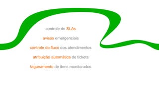 controle de SLAs
avisos emergenciais
controle do fluxo dos atendimentos
atribuição automática de tickets
tagueamento de itens monitorados
 
